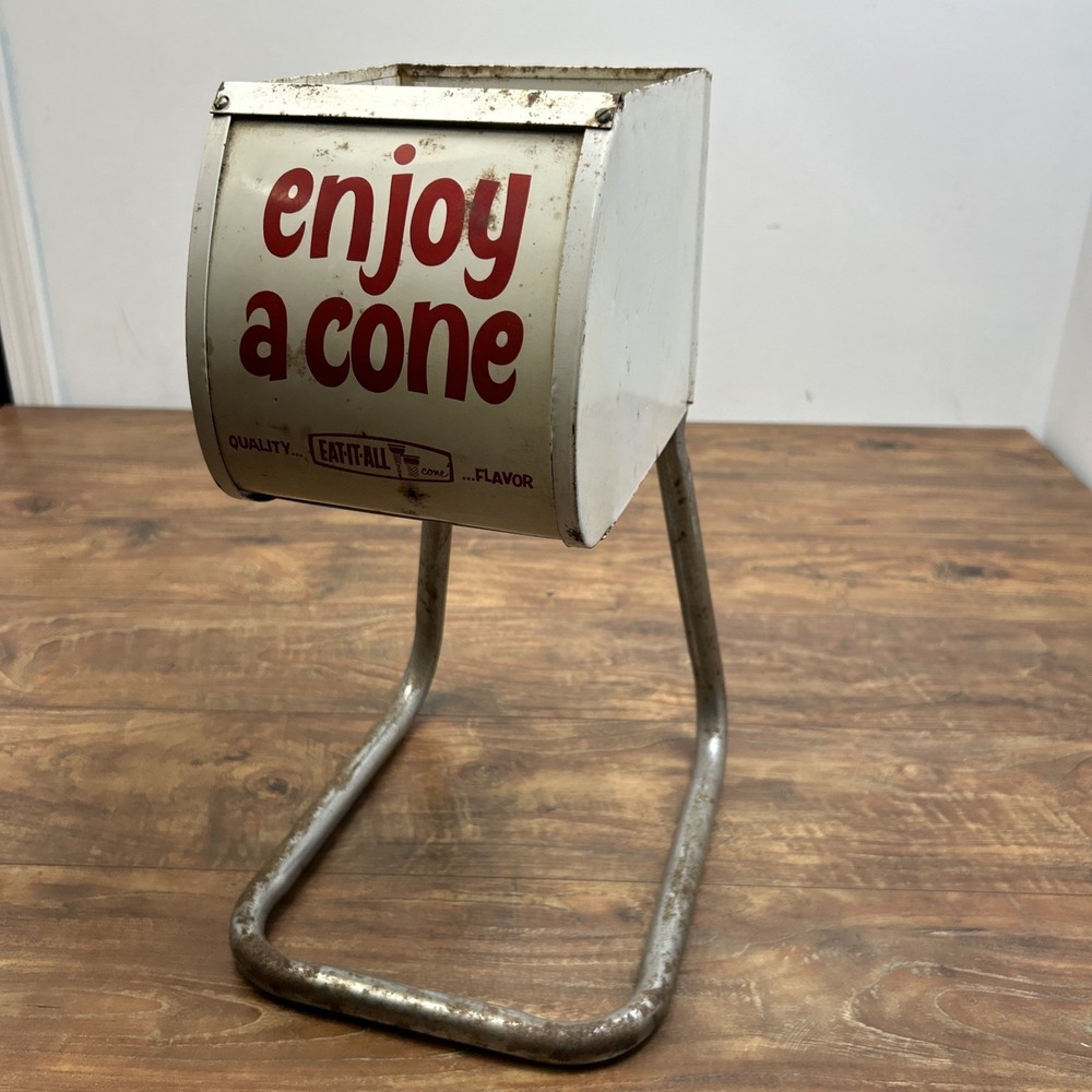 Vintage Enjoy A Cone Display Steel Metal Holder Quality Flavor Eat-It- All Cone